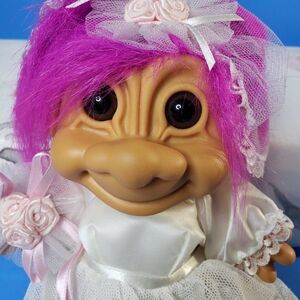 Ugly Cute Vintage  Russ Berrie Pink Hair Troll Bride Doll 8" with Garter Belt
